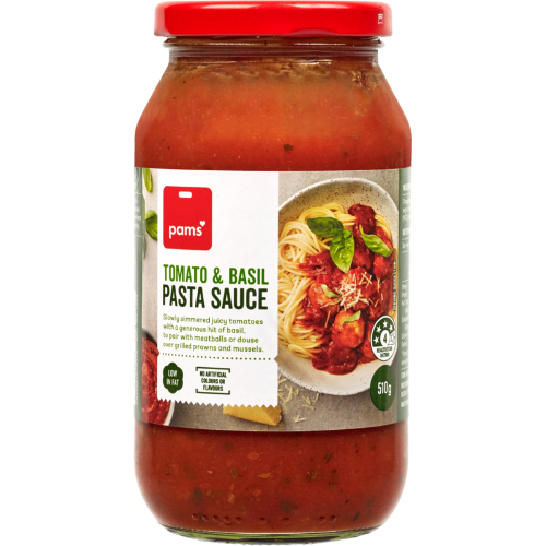 Pam’s pasta sauce tomato & basil 510g